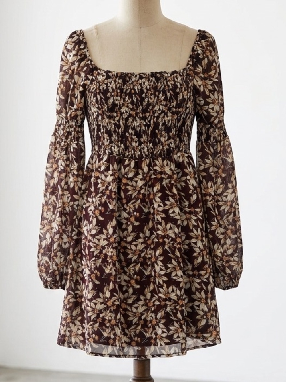 Guess| Brown & Cream Fall Floral Smocked Boho Long Sleeve Mini Dress Sz XS